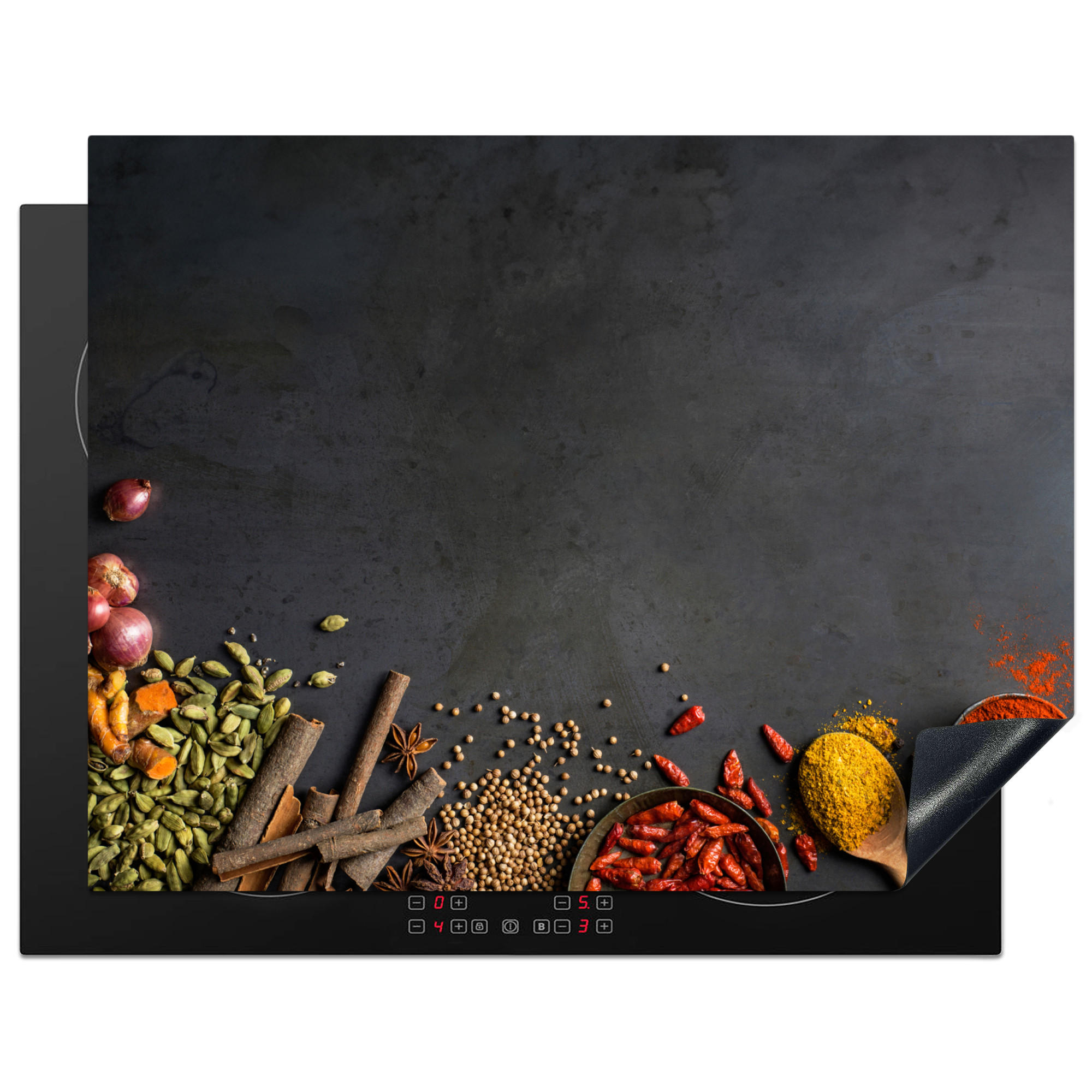 MuchoWow KRYT NA INDUKČNÍ DESKU Bylinky - Potraviny - Koření - Černá - Paprika - Skořice 77x59 cm