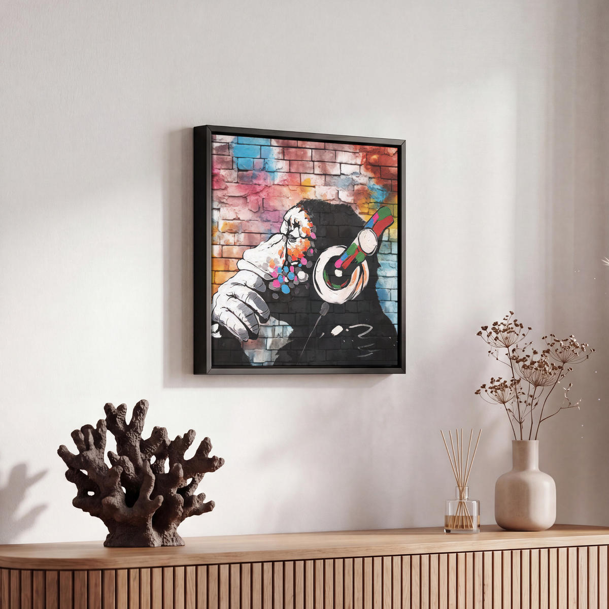 LEINWAND Bilder mit Rahmen - Affe - Graffiti - Musik - 20x20 - Multicolor, Textil (20/20cm) - MuchoWow