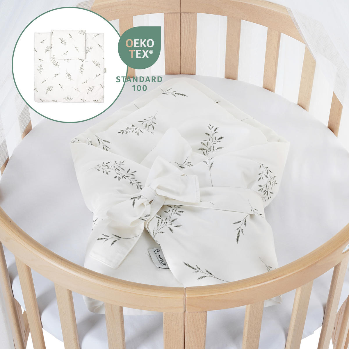 BABYBETT NATUR OVAL 7in1 mit Matratze und Himmelset - Naturfarben/Weiß, Holz/Textil