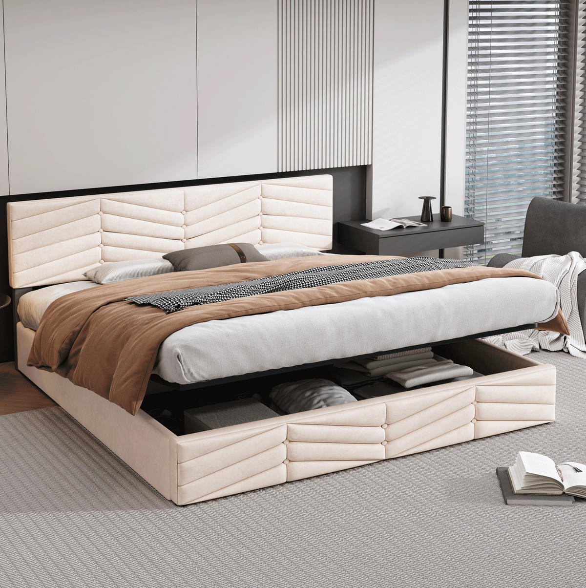 POLSTERBETT mit Bettkasten 180x200 cm Samt Beige - Beige, Metall (180/200cm) - Meubliv