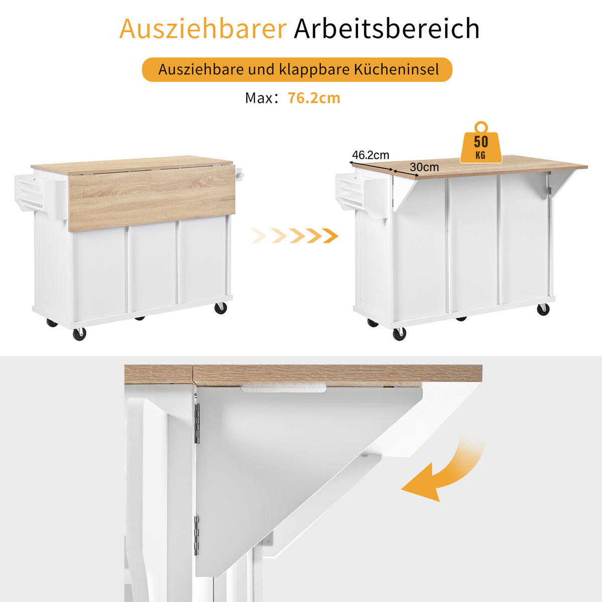 KÜCHENINSEL 112/46,2-76,2/92,7 cm Weiß mit Ausziehbarer Arbeitsplatte, Mülleimerfach und 2 Schubladen - Weiß, Holz/Holzwerkstoff (131.2/92.7/46.2cm) - Oxeza