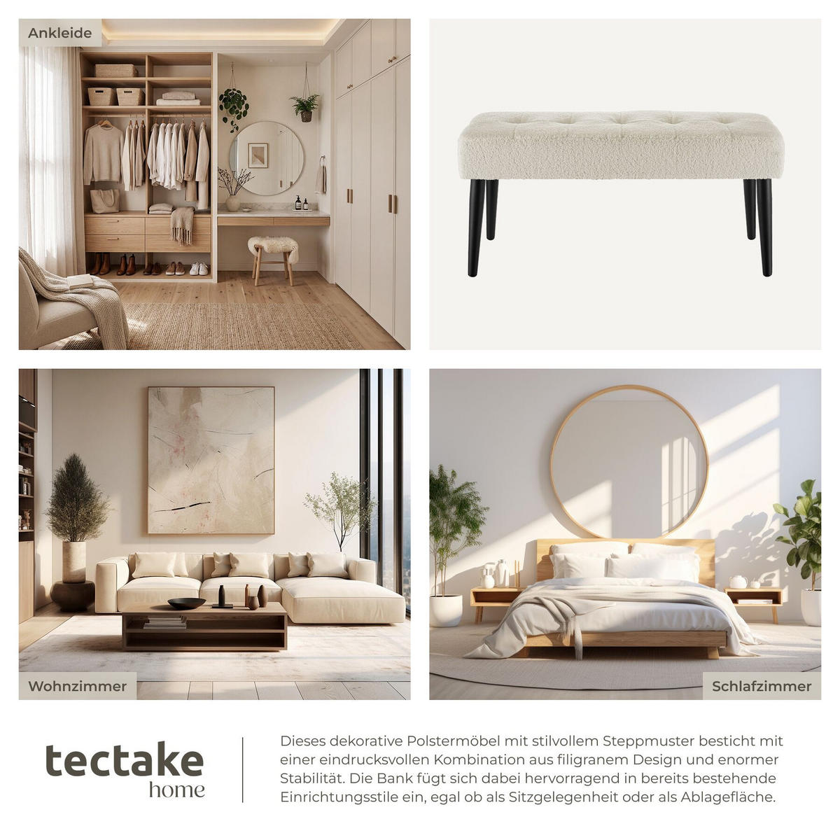 SITZBANK Glora, Belastbarkeit 220 kg, 95 x 38 x 45 cm, Bouclé creme - Creme, Holz (95/45/38cm) - tectake