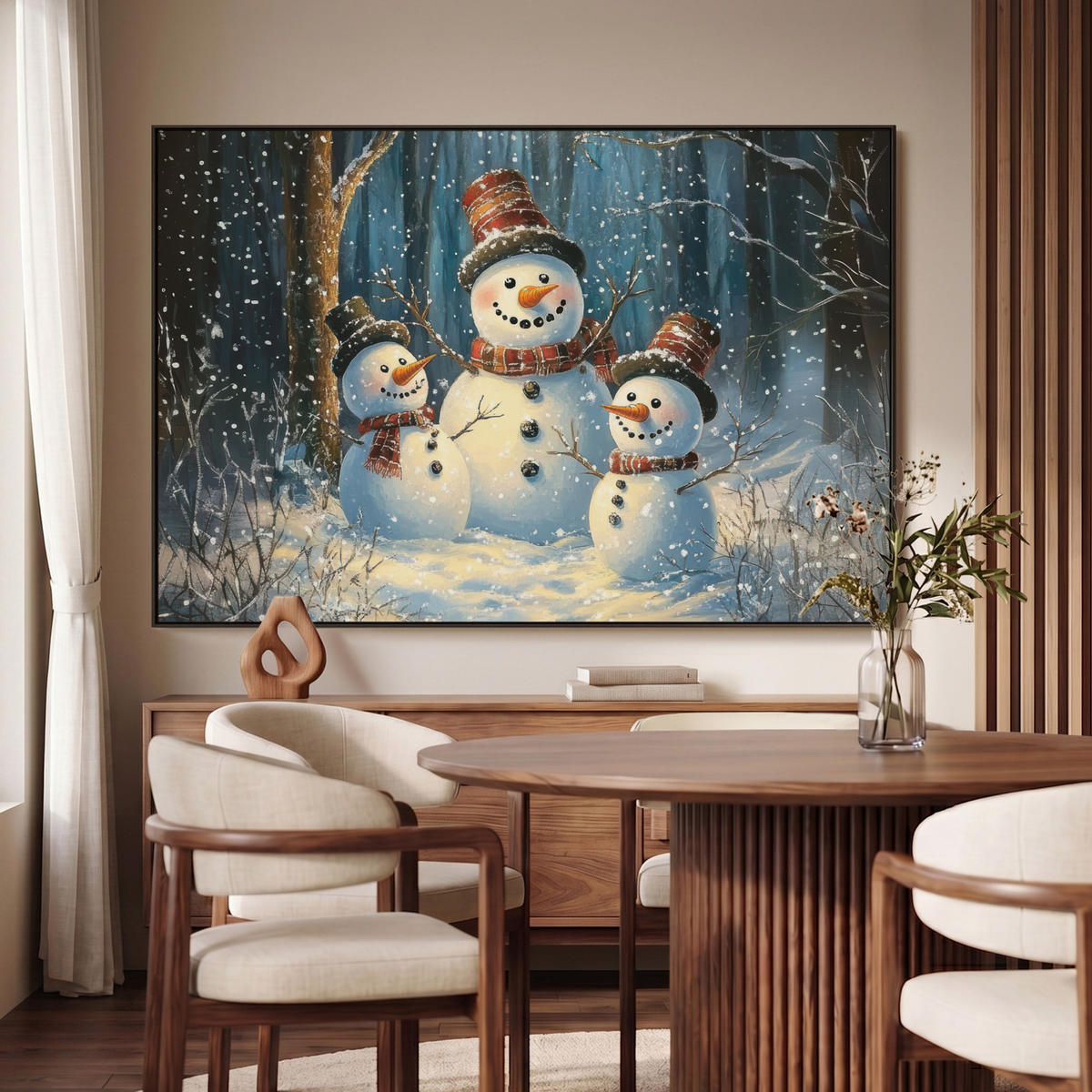 LEINWAND Bilder mit Rahmen - Schneemann - Schnee - Winter - Wald - 120x80 - Hellblau, Textil (120/80cm) - MuchoWow