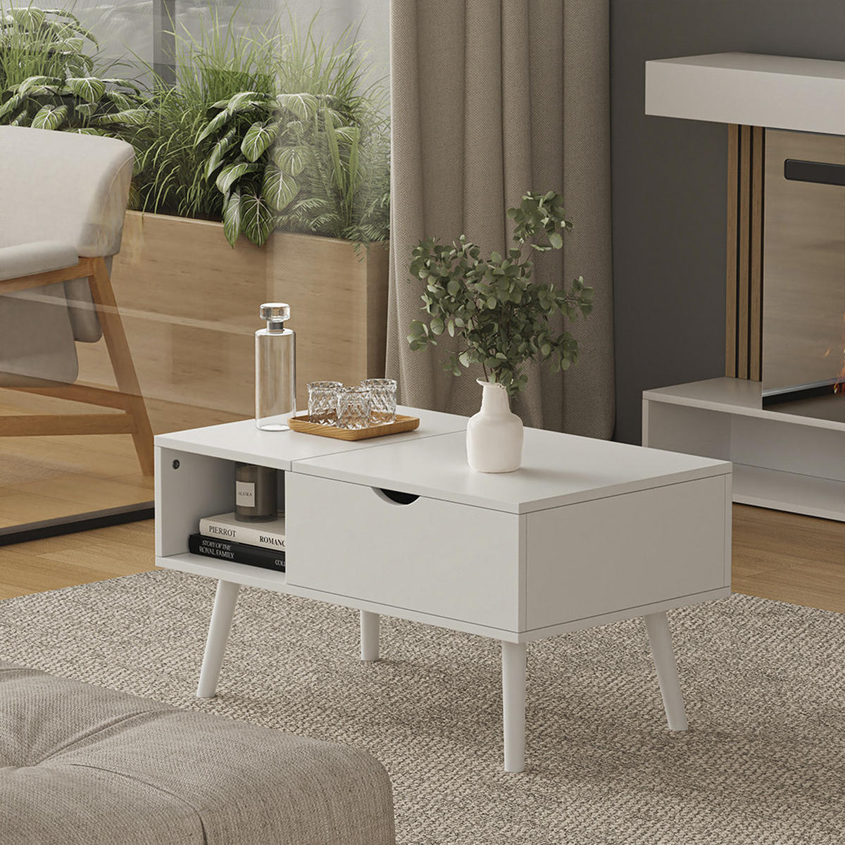 COUCHTISCH Stora Weiß 76 x 45 cm mit Liftfunktion - Weiß, Holzwerkstoff (45/76/40cm) - Vicco