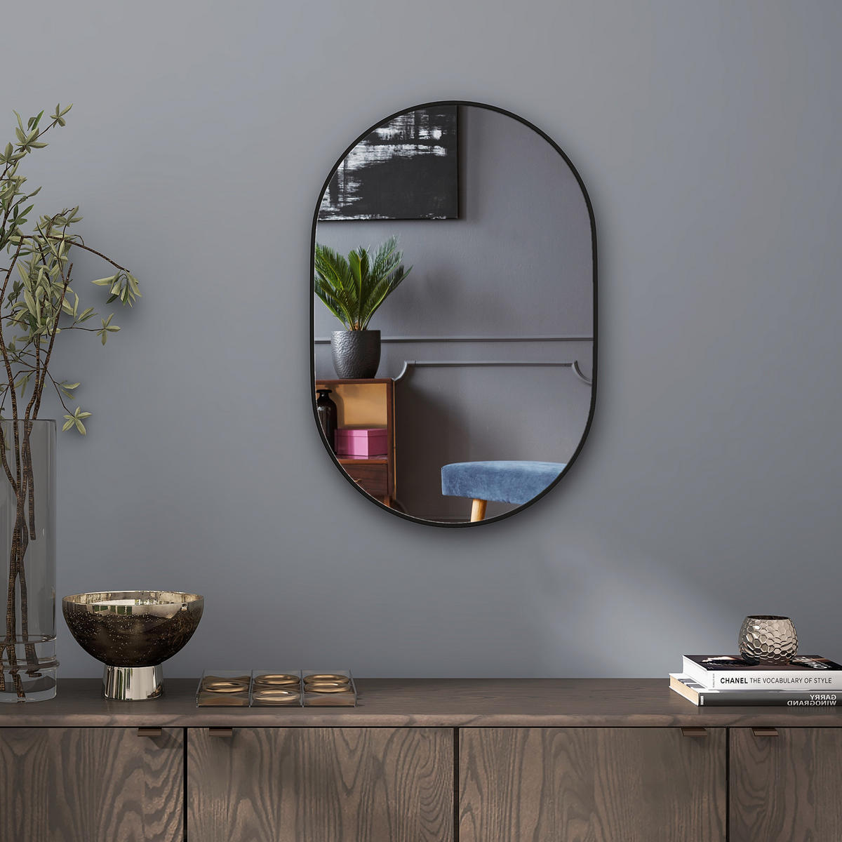BADEZIMMERSPIEGEL DE-15188 oval 60/90 cm, 2-in-1 Montage Schwarz - Schwarz, Metall (3/60/90cm) - ComfortXL