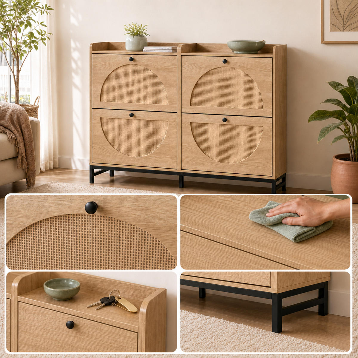 SCHUHSCHRANK Natur Rattanoptik 4-Klappen 90x120x24 cm - Hellbraun, Holzwerkstoff/Metall (120/90/24cm) - Relaxdays