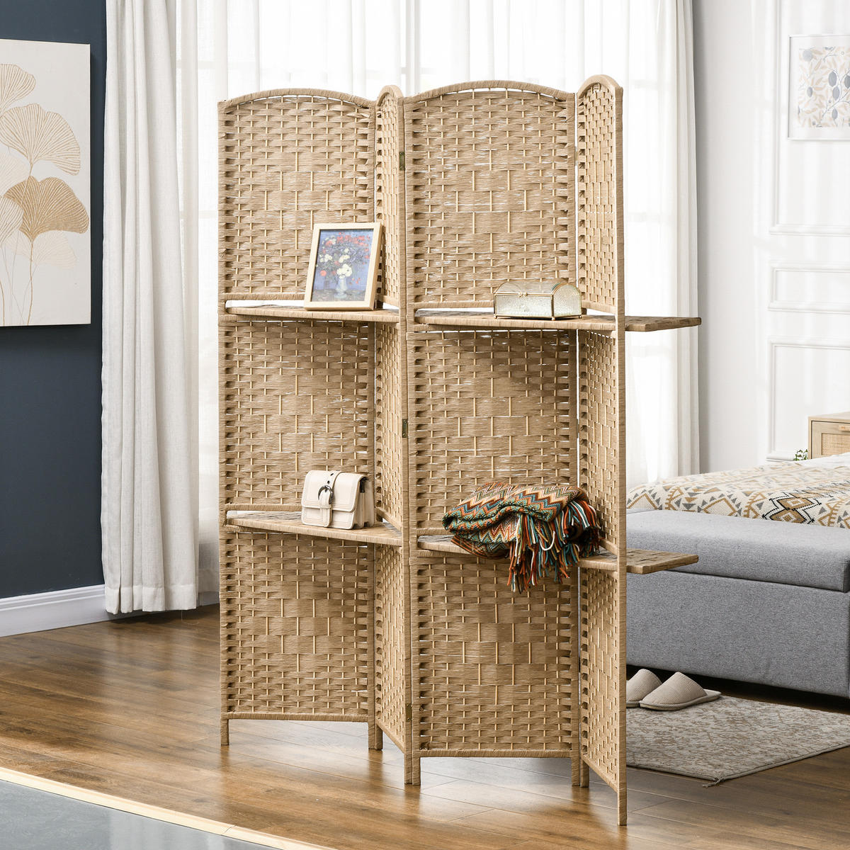 PARAVENT aus Papierfaser in Naturholz-Optik - Naturfarben, Holz/Papier (1.6/170cm) - HOMCOM