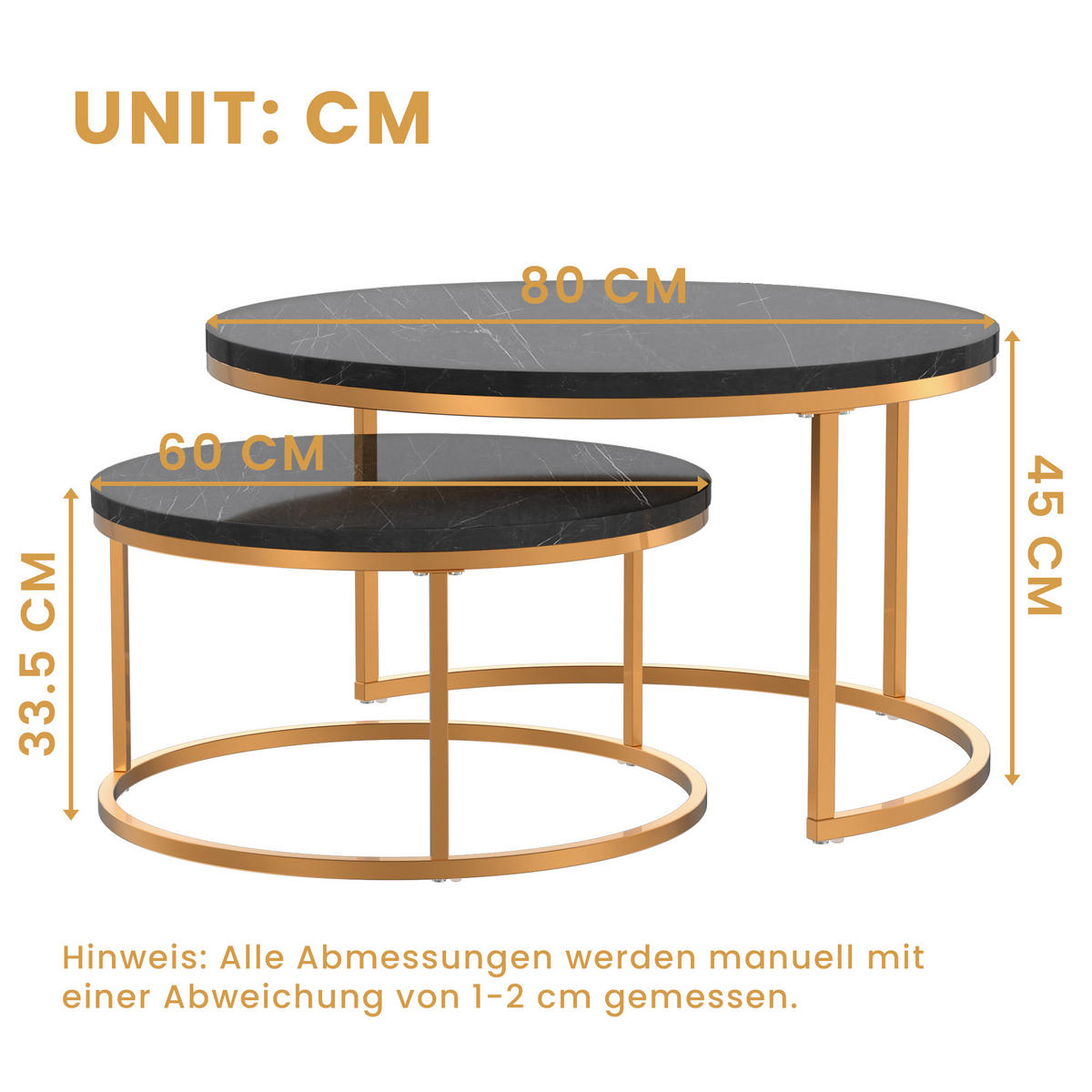 COUCHTISCH 2er Set 80/80/45 cm in Schwarz und Goldfarben aus MDF mit Metallgestell - Goldfarben/Schwarz, Holzwerkstoff/Metall (80/80/45cm) - CHICFURN