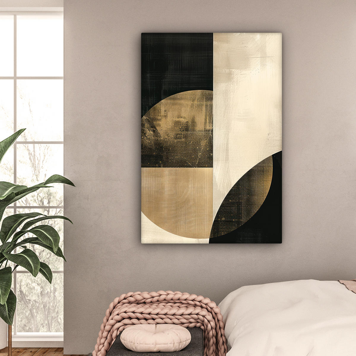 LEINWANDBILD Abstrakt - Geometrische Formen - Schwarz - Gold Deko Groß 90x140 cm - Ecru, Textil (90/140cm) - MuchoWow