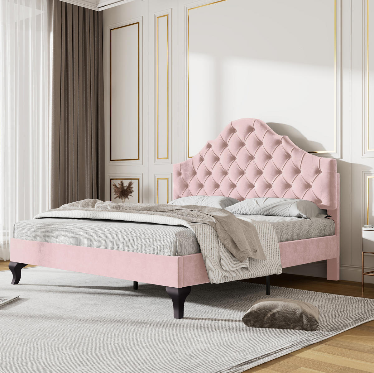 POLSTERBETT aus Samt 140x200 cm in Rosa mit Lattenrost & verstellbarem Kopfteil - Rosa, Textil (140/200cm) - Modfu