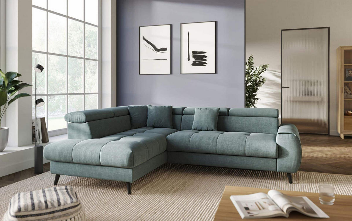 ECKSCHLAFSOFA mit Bettkasten und induktiver Ladefläche + LED - Schwarz/Grün, Holz/Textil (246/195cm) - Cotta