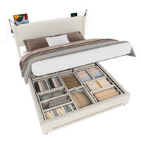 POLSTERBETT 140/200 cm mit LED-Beleuchtung, 2 Leselampen, USB-Anschlüssen und hydraulischem Stauraum, Beige - Beige, Textil (140/200cm) - Redom