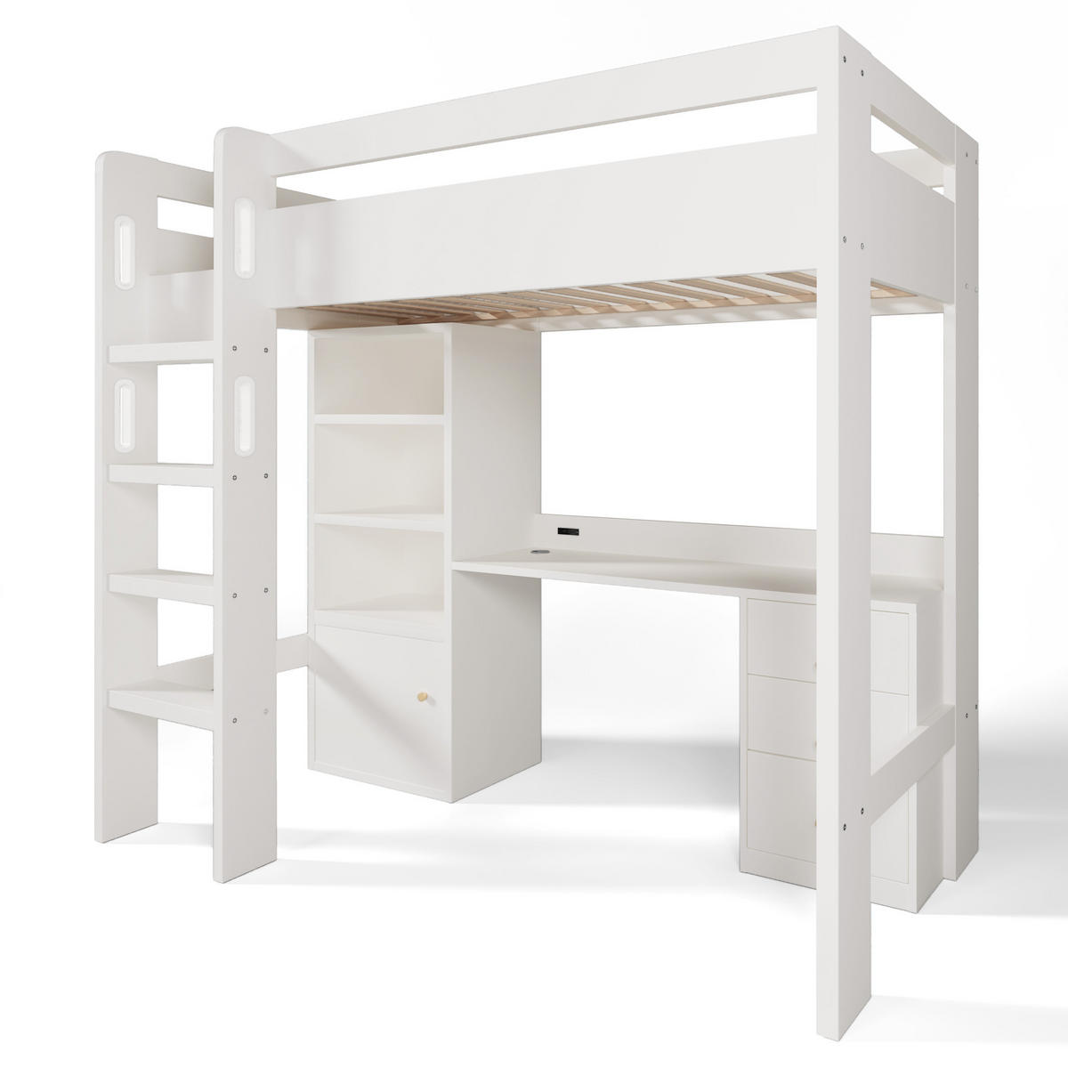 VISOKA postelja 90/200 cm bela iz MDF in iverne plošče s pisalno mizo, omaro in USB-C - bela, leseni material (90/200cm) - OKWISH