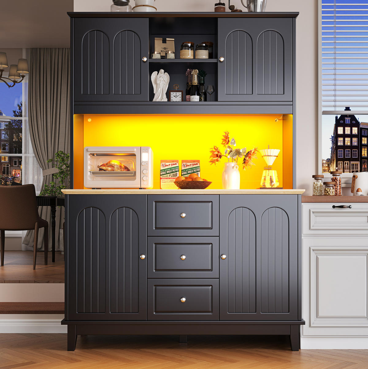 BUFFET 120/40/180 cm Schwarz/Natur aus MDF mit LED - Schwarz, Holzwerkstoff (120/180/40cm) - OKWISH
