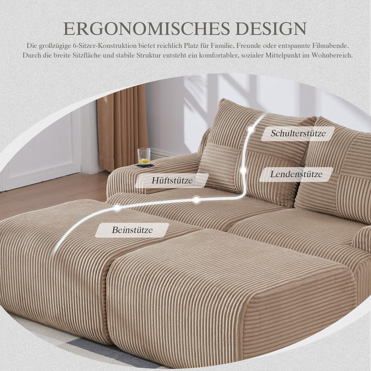 MODULARES 2-Sitzer Cordsofa mit 2 Hockern Getränkehalter und Seitentasche 200/174/80 cm Sandfarben - Sandfarben, Textil (174/80/200cm) - Redom