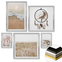 WANDBILDER 5er Set - 50x50 cm & 20x30 cm & 40x60 cm Silberner Rahmen - Strandgras, Wellen, Steine, Boho-Stil - Silberfarben, Kunststoff (40/60cm) - ArtPrintCave