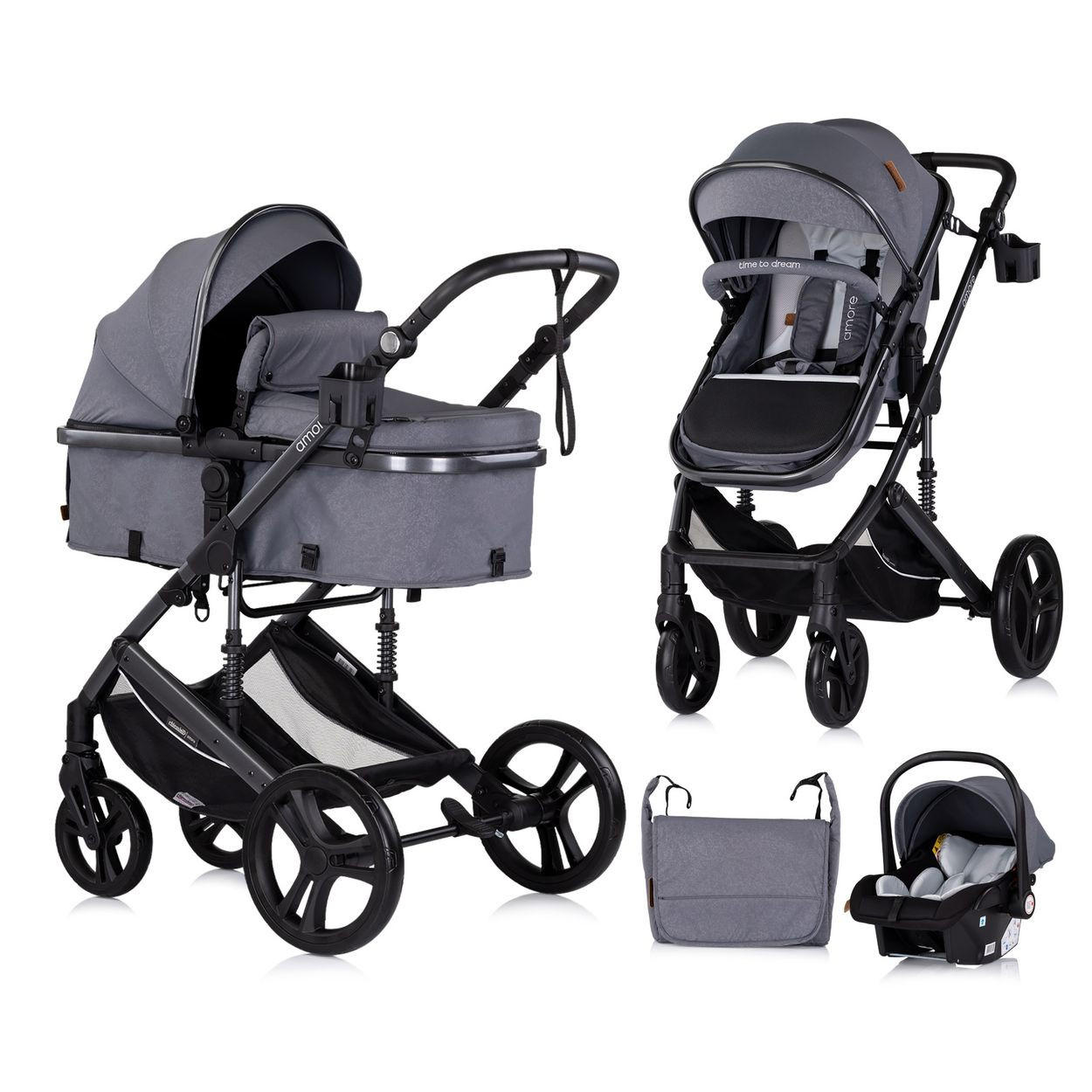 KOMBIKINDERWAGEN Amore 3 in 1 grau gemustert Babyschale Adapter Wickeltasche Fußabdeckung - Dunkelgrau, Metall (95/63/105cm) - Chipolino