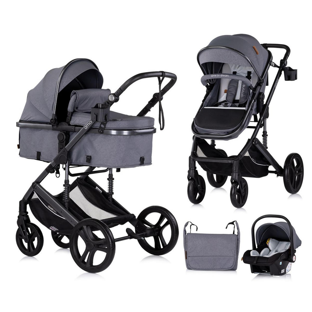 KOMBIKINDERWAGEN Amore 3 in 1 grau gemustert Babyschale Adapter Wickeltasche Fußabdeckung - Dunkelgrau, Metall (95/63/105cm) - Chipolino