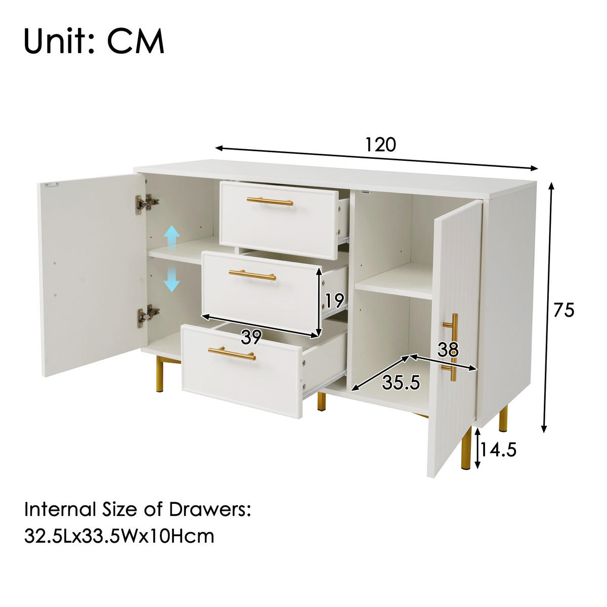 KOMODA dřevěný materiál bílá s drážkovaným čelem, 2 dvířka a 3 zásuvky - bílá, kompozitní dřevo (120/40/75cm) - Urban Meuble