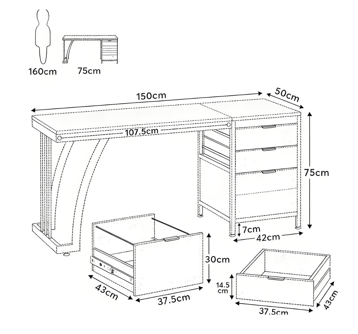 SCHREIBTISCH Walnussfarben/Schwarz 150/50/75 cm mit 3 Schubladen - Walnussfarben, Metall (50/150/75cm) - PANGIVO