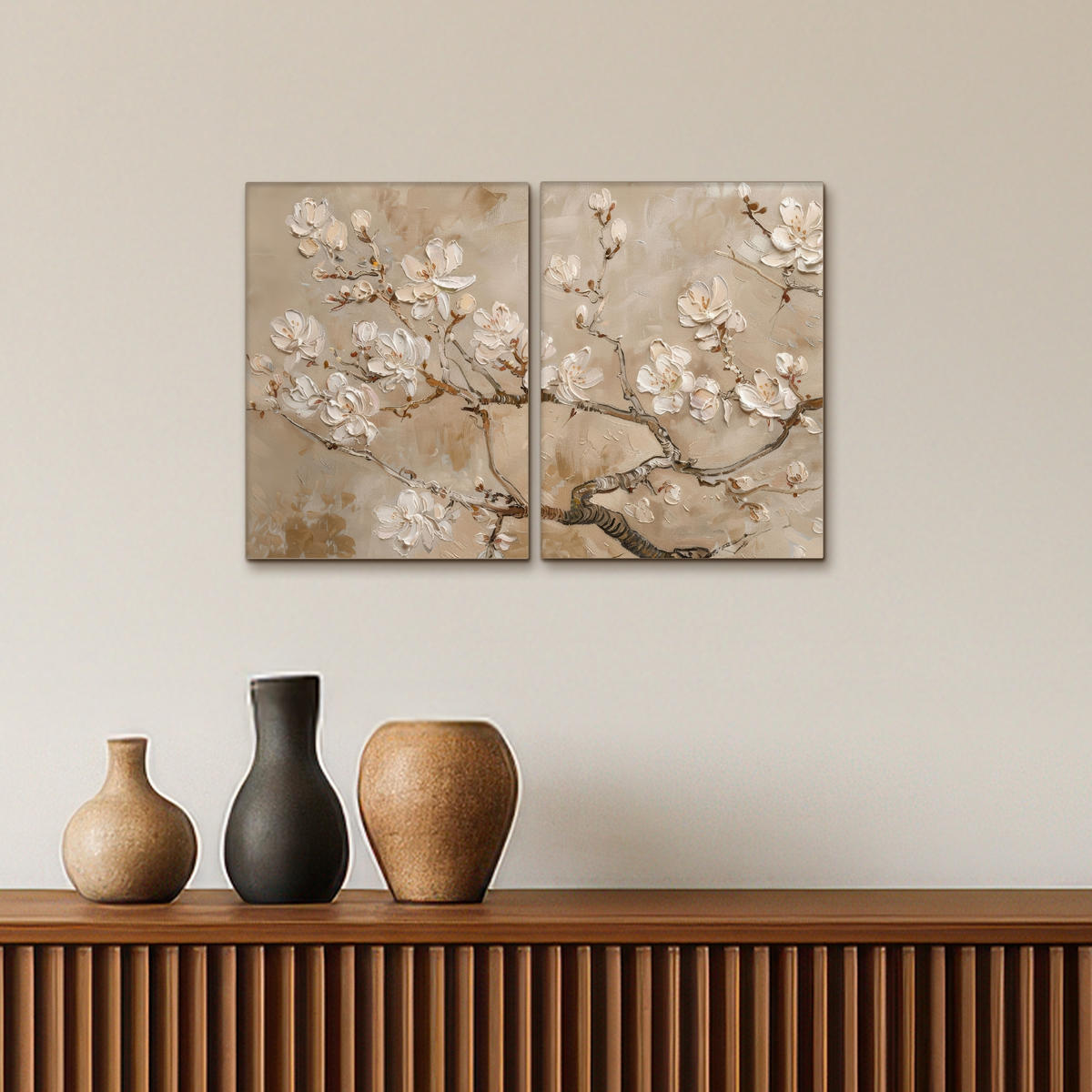 LEINWANDBILD 2er Set Beige - Blüte - Modern 60x40 cm - Greige, Textil (60/40cm) - MuchoWow
