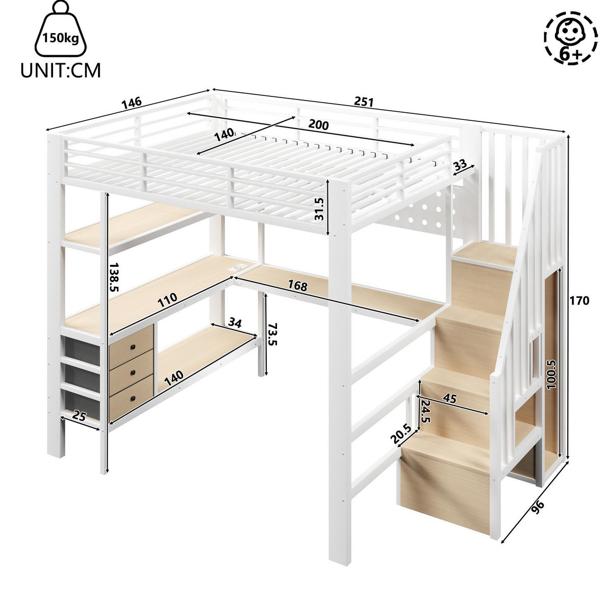 HOCHBETT 140/200 cm, Weiß mit Schubladen, Tisch, LED-Licht ohne Matratze - Weiß, Metall (140/200cm) - MIVRAY