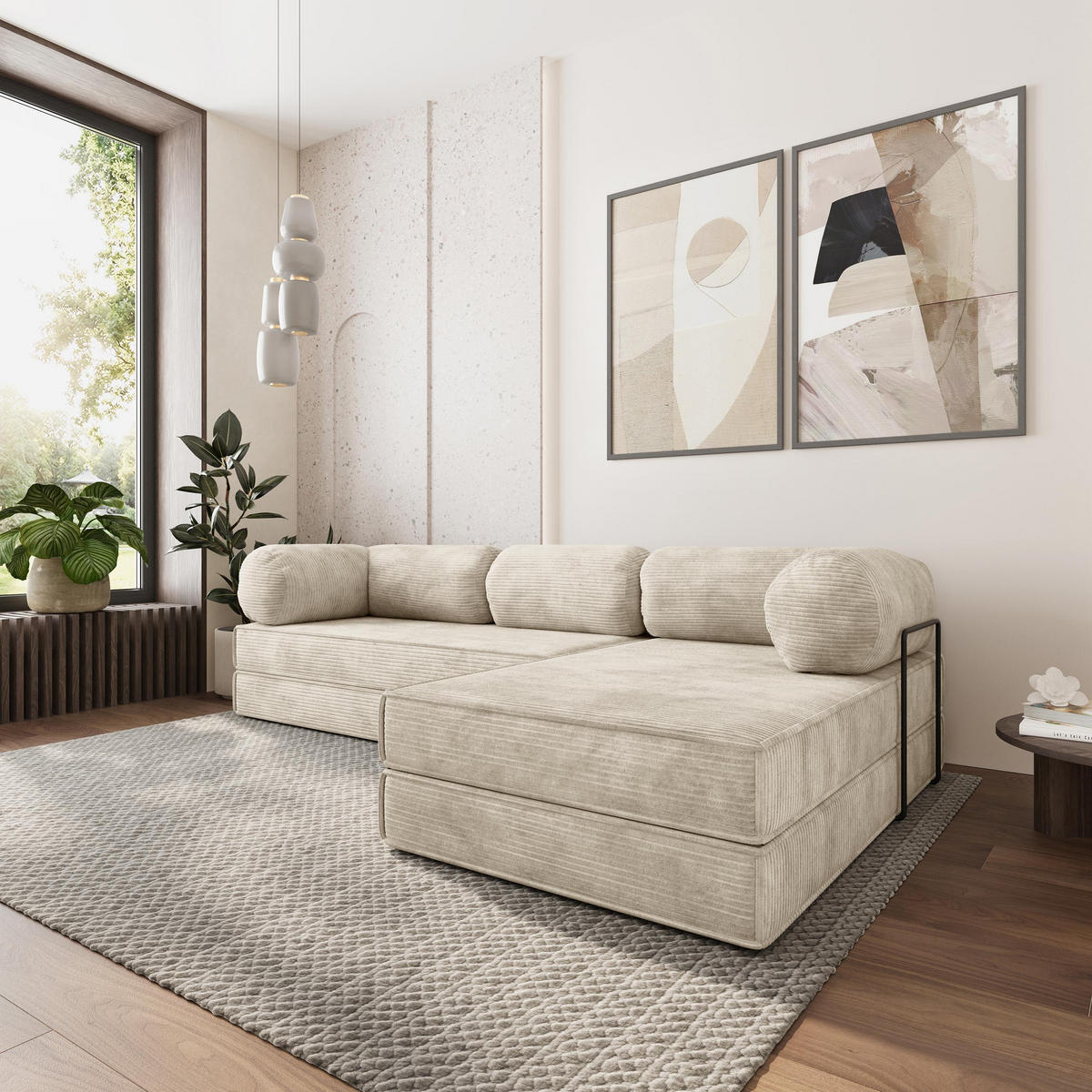 ROHOVÁ SEDAČKA ETERA modulární Boneless pohovka s funkcí spaní, krémová POSO 100 - krémová, textil (270/160cm) - MASSENO