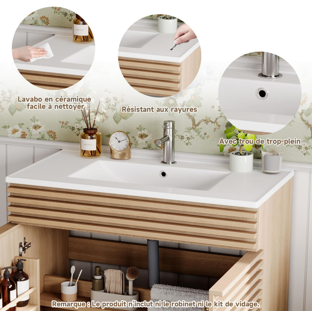 WASCHTISCHUNTERSCHRANK mit Keramikbecken 91 x 46 x 80 cm Natur - Naturfarben, Holzwerkstoff (46/80/91cm) - Beauniv