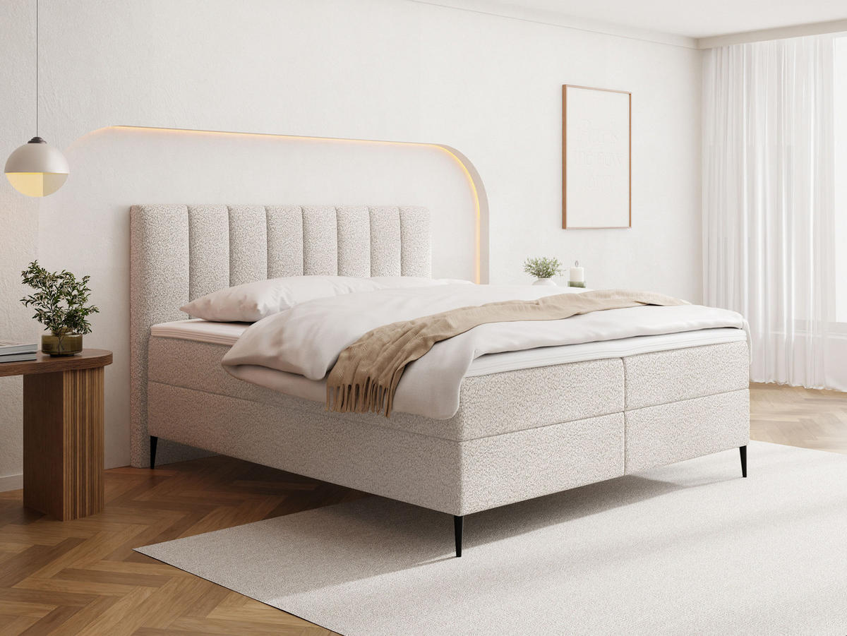 BOXBETT Allen mit Bettkasten, Boucle Weiß 200x200 cm – inkl. H4 Taschenfederkern Matratze & Foam Topper - Schwarz/Weiß, Holzwerkstoff/Metall (200/200cm) - WFL GROUP