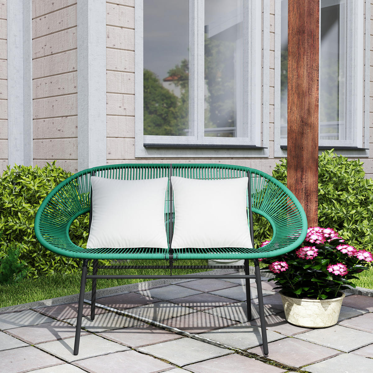 GARTENBANK 2-Sitzer DE-13604 2-Sitzer mit Seilgeflecht, 2 Kissen Dunkelgrün - Dunkelgrün, Metall (132/83/72cm) - ComfortXL