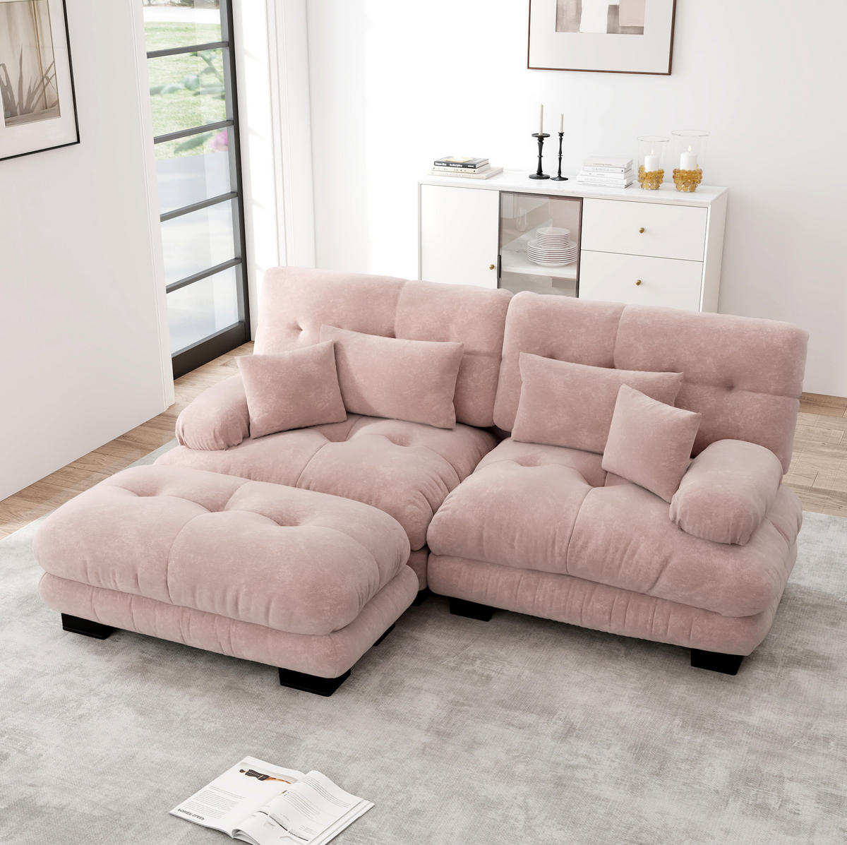 ECKSOFA modular mit beweglichen Ottomane, breiten Polsterarmlehnen und Kissen aus Chenille, Pink - Pink, Textil (220/145cm) - Redom