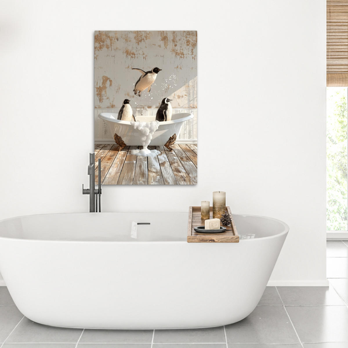 LEINWANDBILD Vintage - Pinguin - Badewanne - Schaumstoff 60x90 cm - Schwarz, Textil (60/90cm) - MuchoWow