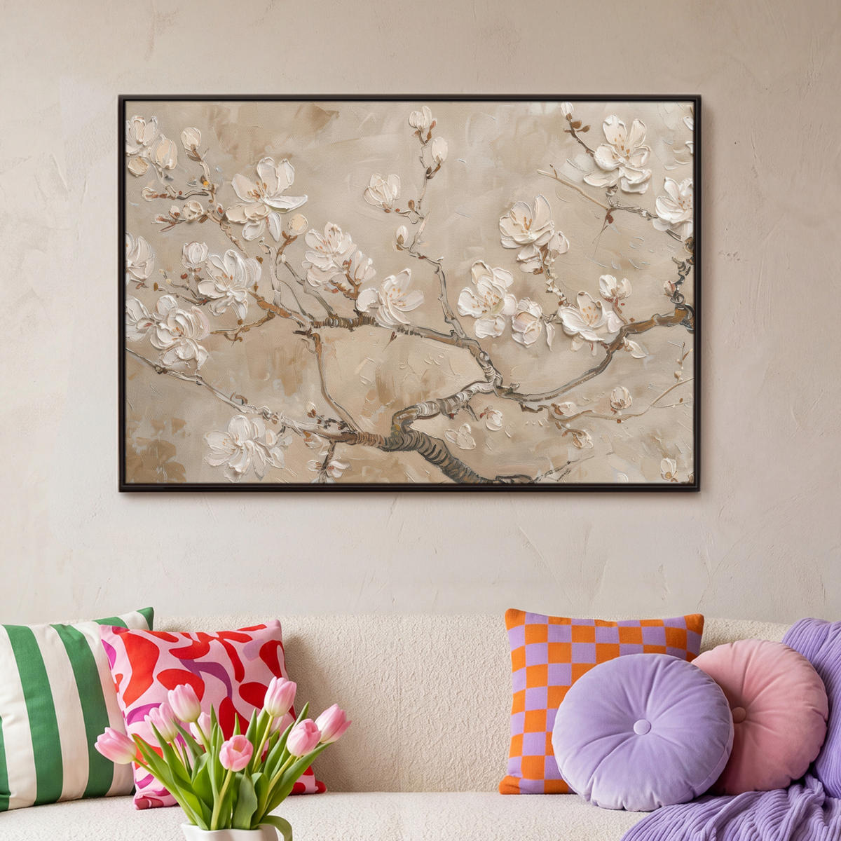 LEINWAND Bilder mit Rahmen - Blumen - Modern - Beige - Weiß - Blüte - 90x60 - Beige, Textil (90/60cm) - MuchoWow