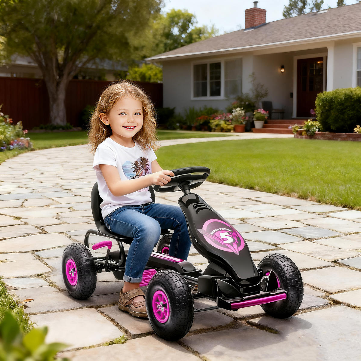 GOKART, Kinderfahrzeug mit verstellbarem Schalensitz, Tretauto, Rosa - Rosa, Metall (121/58/61cm) - HOMCOM