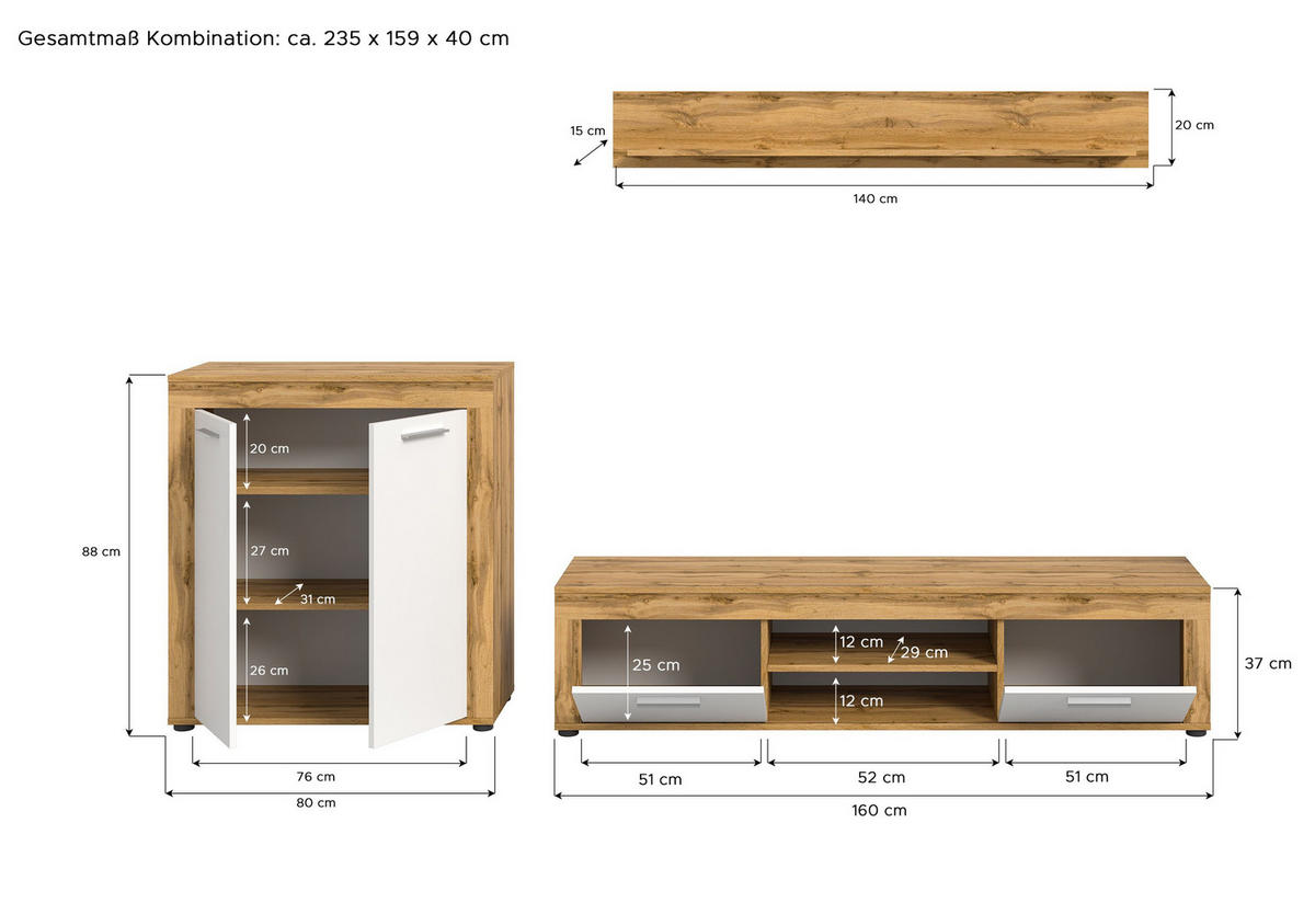 WOHNWAND Milo 3 tlg. (B/H/T: ca. 255/159/40 cm) in Wotan Eiche /weiß - Eiche Wotan, Holzwerkstoff (255/159/40cm)