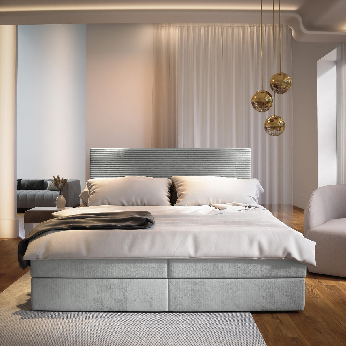 BOXBETT GIARRO 180x200 cm mit Matratze und Topper - Hellgrau - Hellgrau, Holz (180/200cm) - MASSENO