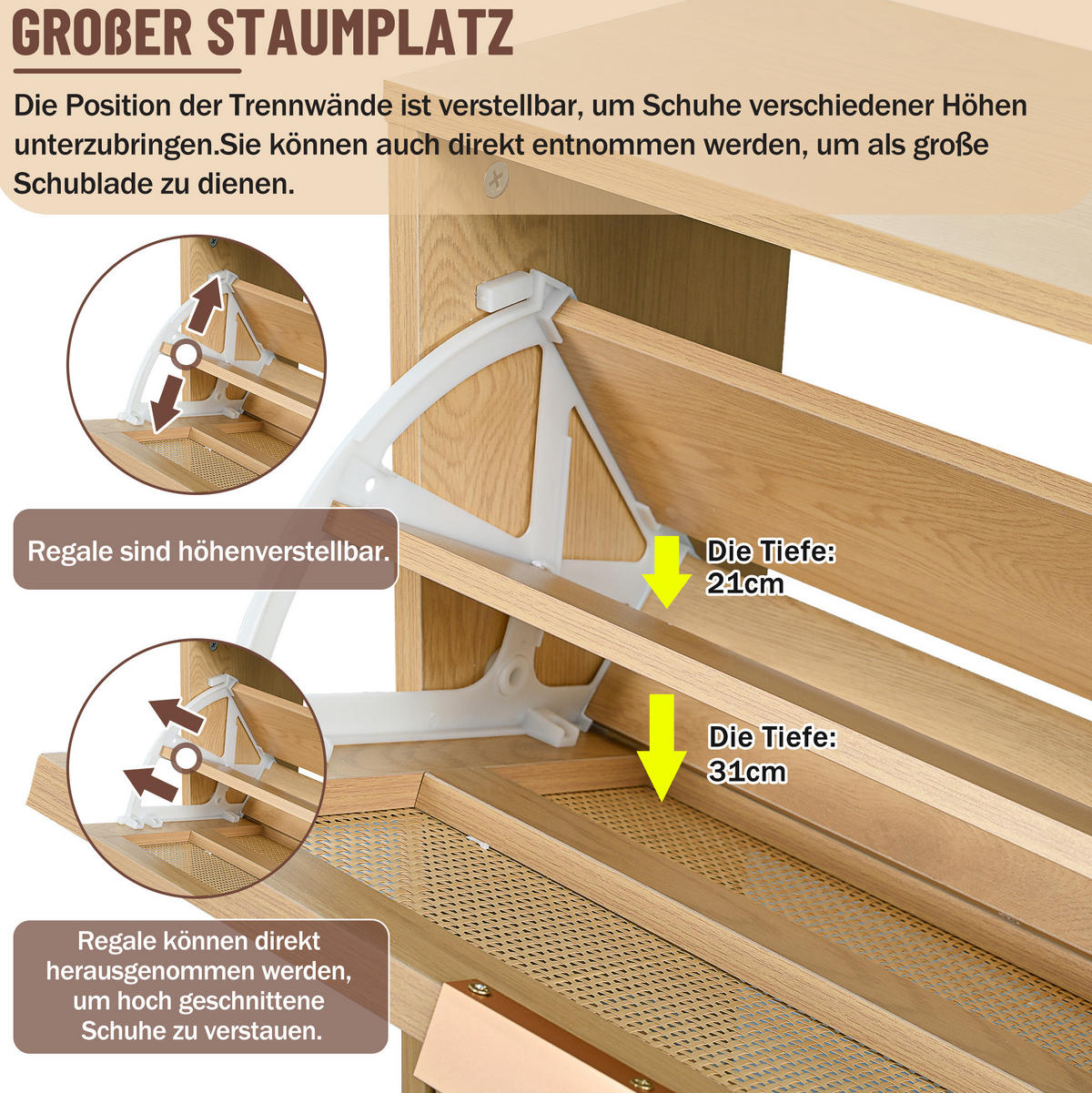 SCHUHSCHRANK mit 4 Klappen 100/25/90 cm in Eichenoptik mit Rattanfront - Naturfarben, Holzwerkstoff (100/90/25cm) - BEAOK