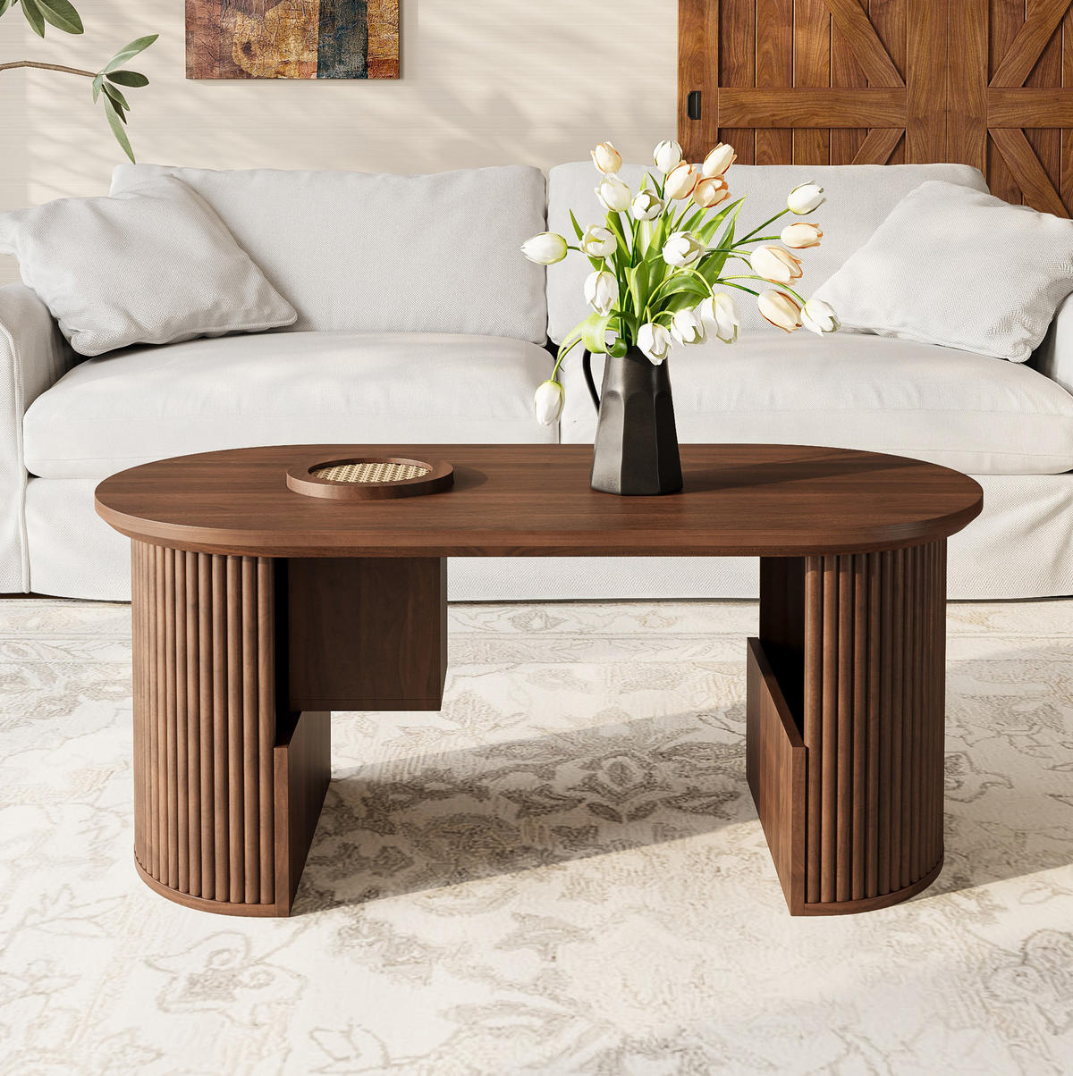 COUCHTISCH 105/50/46,5 cm in Nussbaum mit Ablagefächern und ovaler Form - Nussbaumfarben, Holzwerkstoff (105/50/46.5cm) - Flora Grace