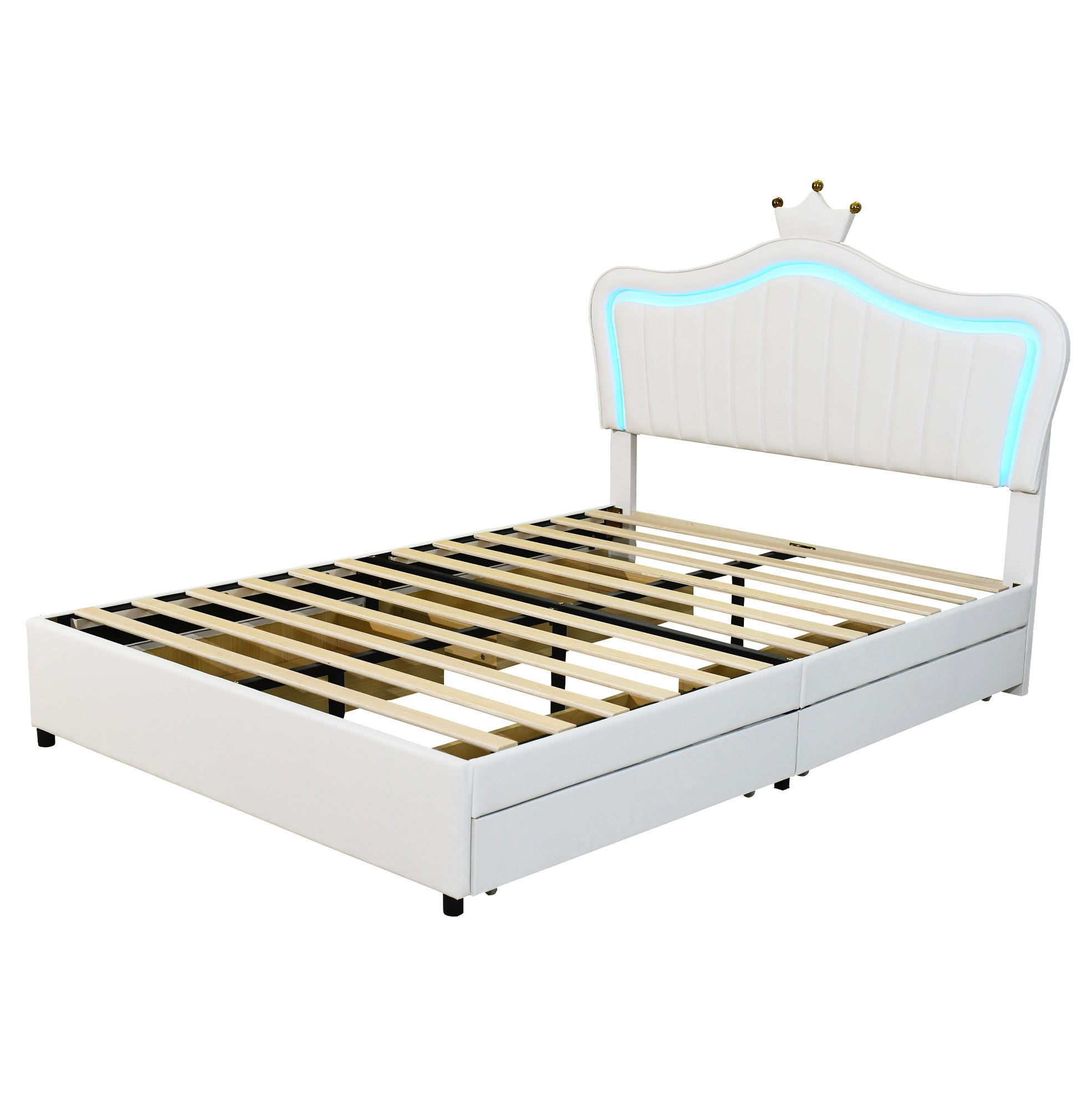 KINDERBETT 140/200 cm aus PU-Leder mit Muschel-Kopfteil, LED und 4 Schubladen Weiß - Weiß, Textil (140/200cm) - Modenvie