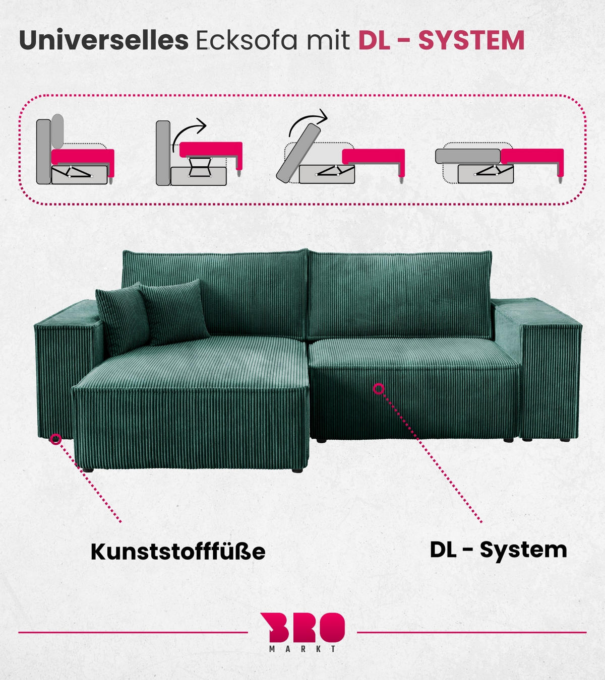 ECKSOFA Pedro mit Schlaffunktion Grün Cord - Grün, Textil (255/153cm) - Bromarkt