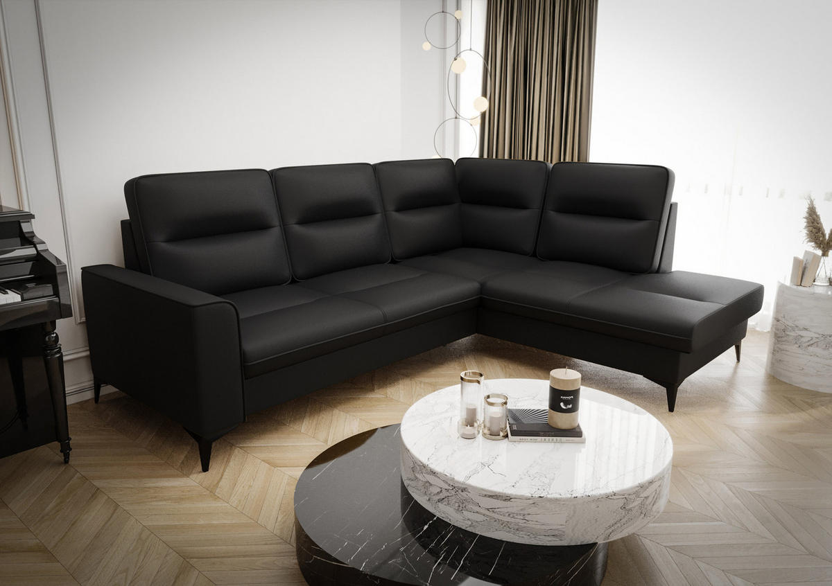 ECKSOFA KONGO RBN14, Eckcouch in L-Form mit Schlaffunktion, Farbe: Schwarz, Kunstleder, Ottomane Rechts - Schwarz, Textil (260/200cm) - O-Sofa