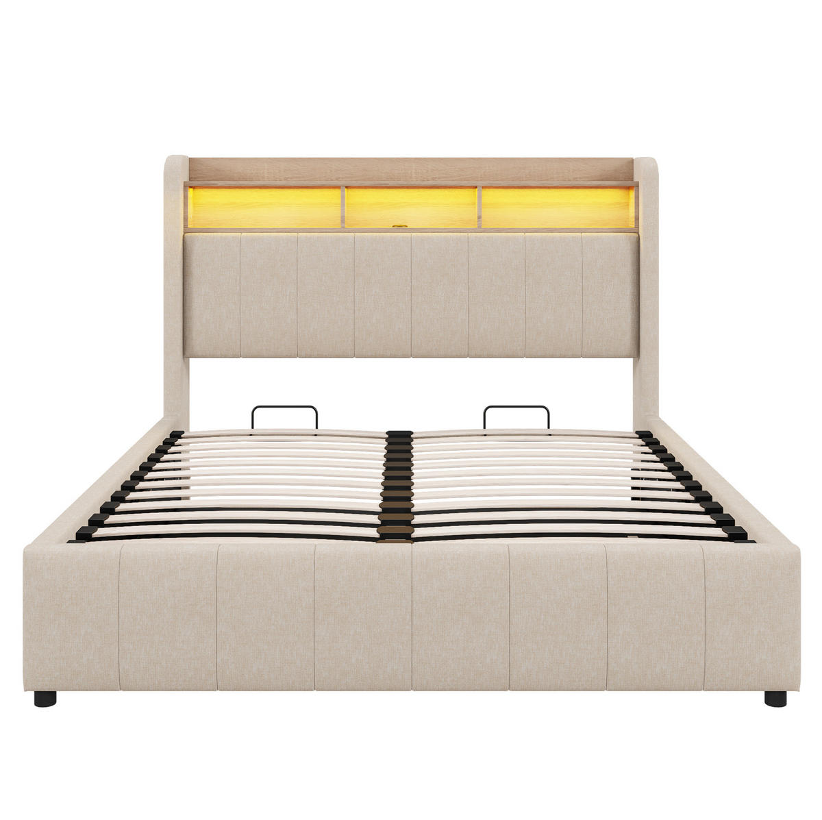 POLSTERBETT mit Stauraum und LED 140x200 cm Leinenstoff Beige - Beige, Metall (140/200cm) - Meubliv
