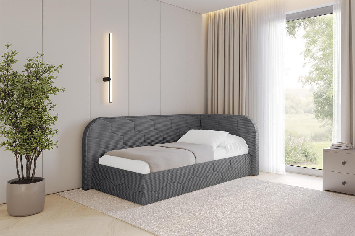 EINZELLBETT Jugendbett mit Bettkasten und Matratze H3/H4, Links - JAXY 90x200 Dunkelgrau - Graphitfarben, Holzwerkstoff/Textil (90/200cm) - ALTDECOR
