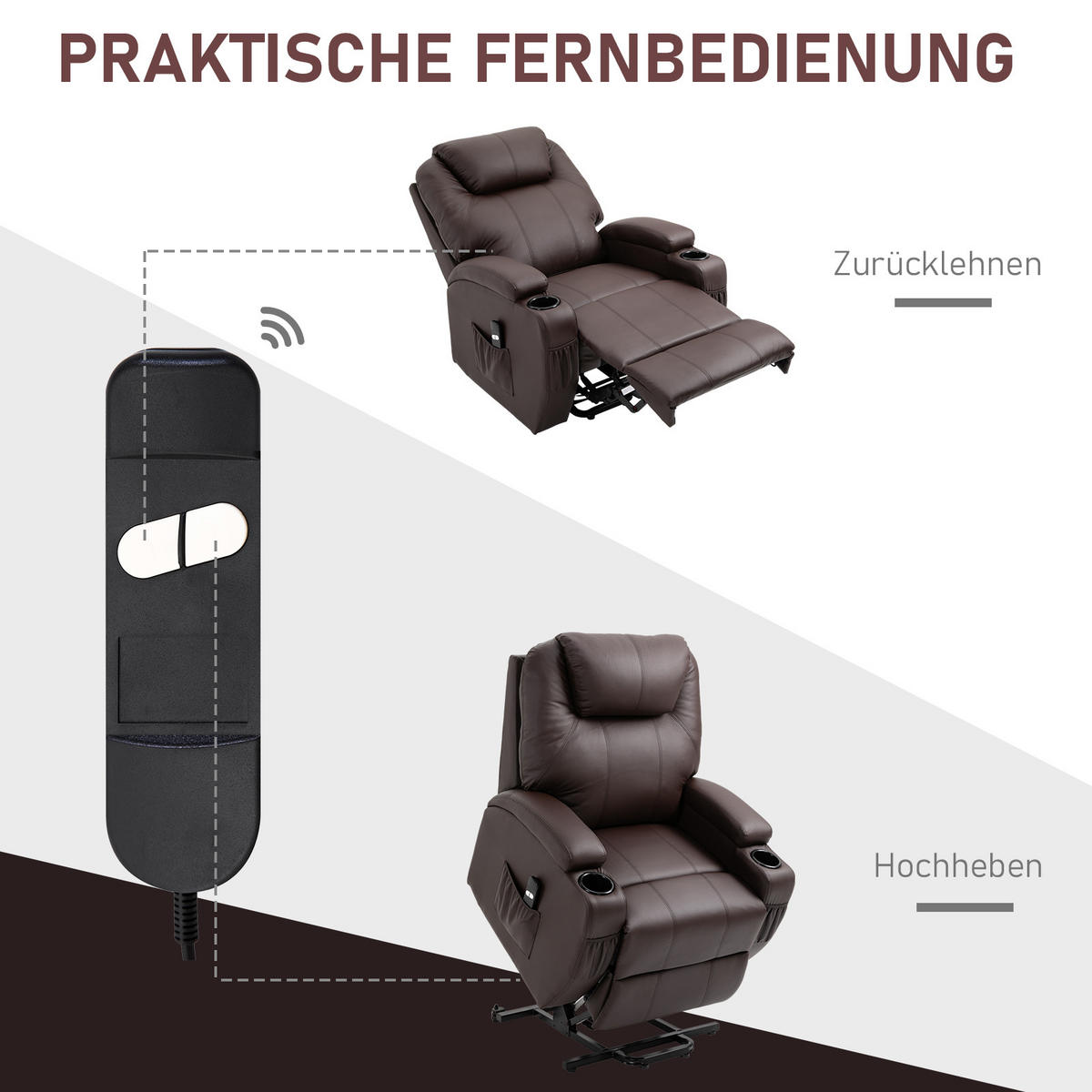 SESSEL mit Aufstehhilfe Aufstehsessel Fernsehsessel Kunstleder Kaffee-Braun - Schwarz/Braun, Leder/Kunststoff (92/109/85cm) - HOMCOM