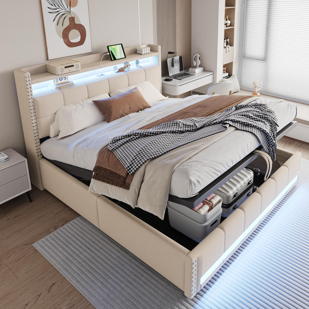 ČALÚNENÁ posteľ z ľanovej látky 180x200 cm béžová/sivá s LED, USB a hydraulickým úložným priestorom - béžová, textil (180/200cm) - Modfu