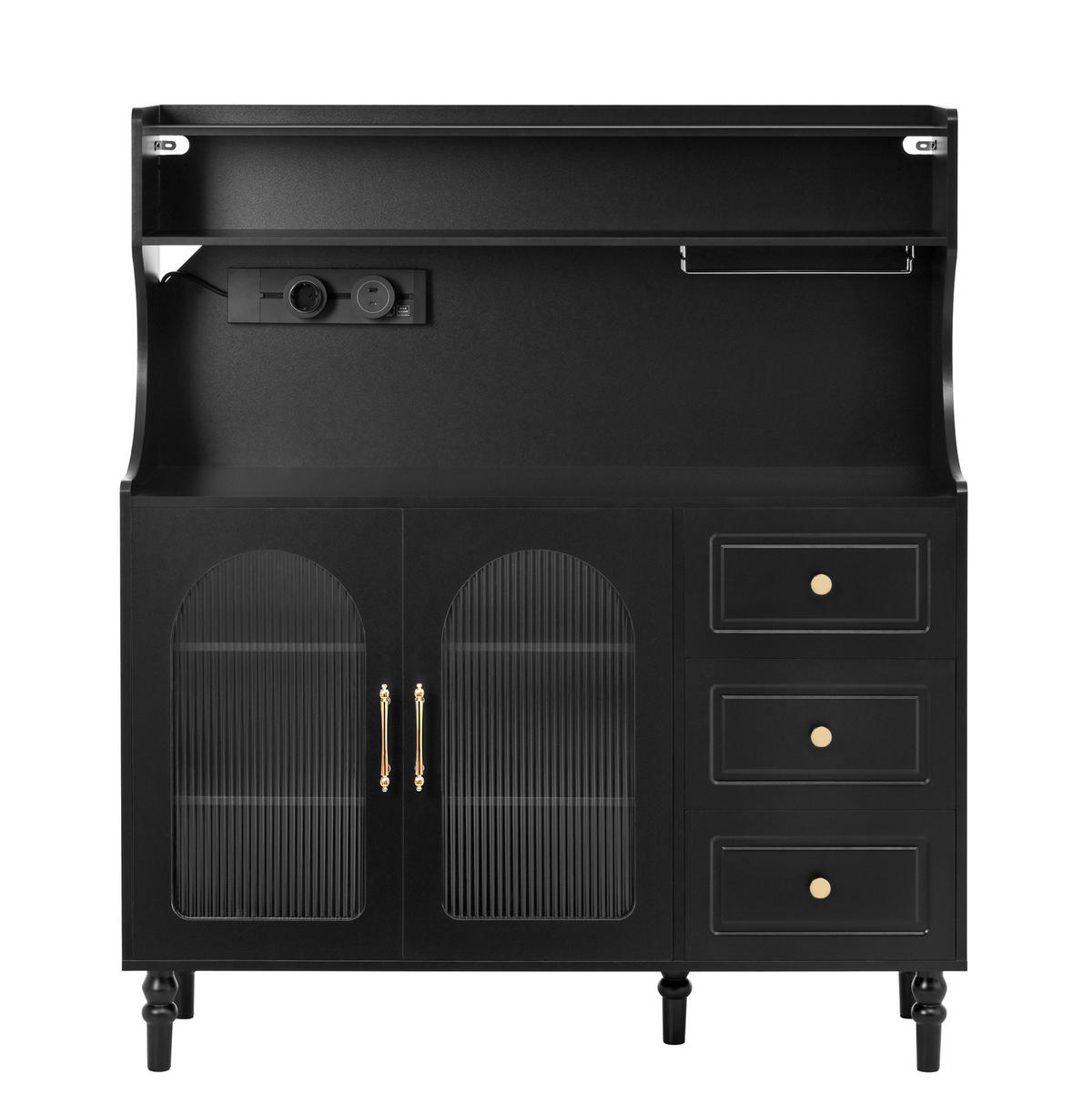 BUFFETSCHRANK 120/40/138,5 cm mit Steckdose, USB- und Typ-C-Anschluss, Gläserhalter und 3 Schubladen aus MDF, Schwarz - Schwarz, Holzwerkstoff (120/138.5/40cm) - Redom