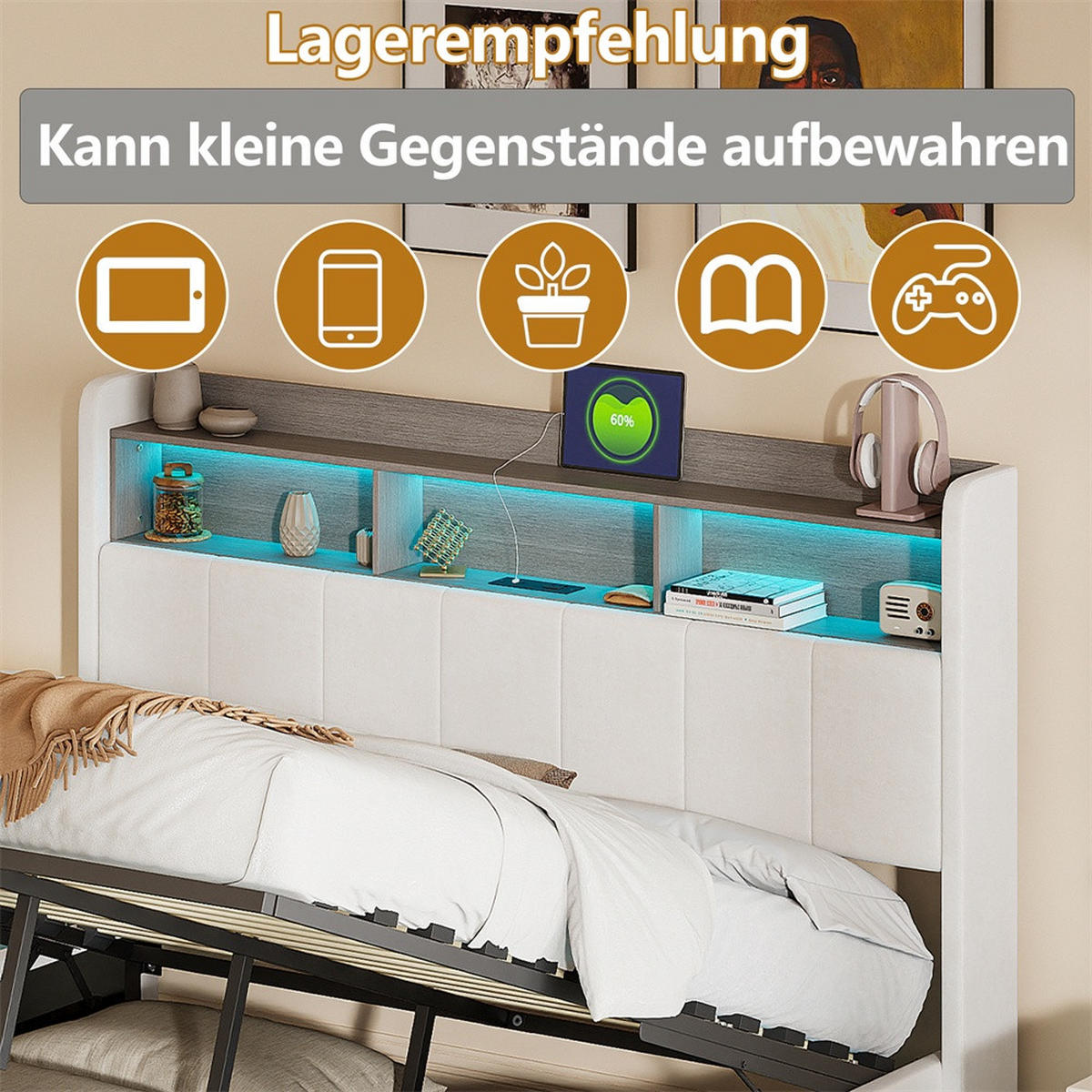 POLSTERBETT 140x200cm - Doppelbett mit RGB-LED-Beleuchtung am Kopfteil und Unterboden Stauraum-Kopfteil - Beige - Beige, Textil (140/200cm) - DELFA