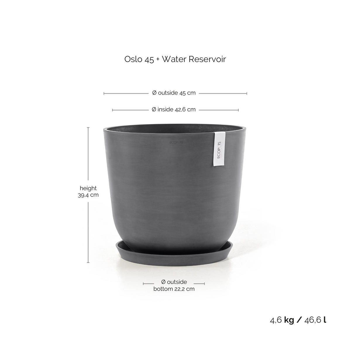 BLUMENTOPF mit Wasserreservoir Oslo 45/39,4 cm Grau - Grau, Kunststoff (45/39.4cm) - Ecopots