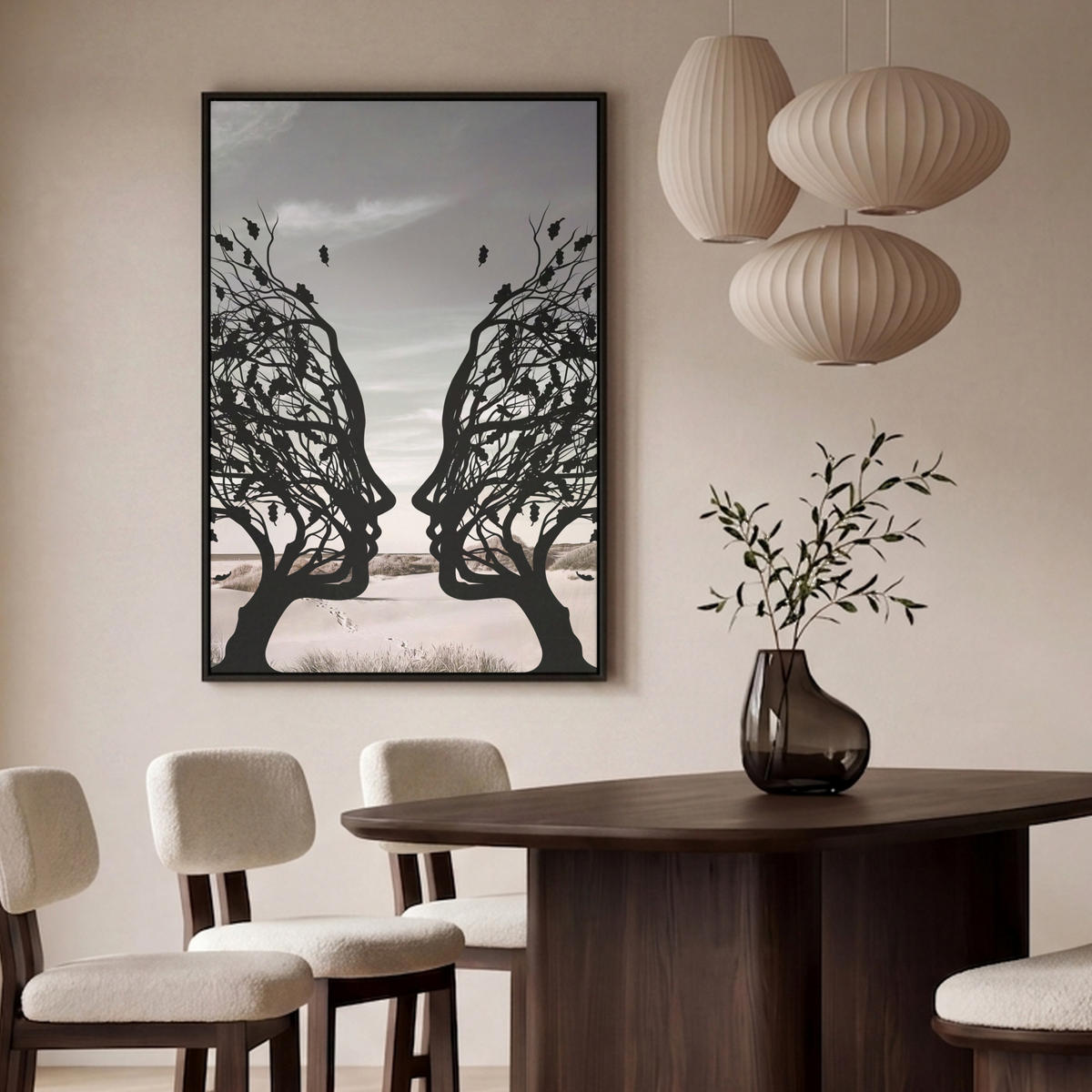 LEINWAND Bilder mit Rahmen - Strand - Meer - Menschen - Baum - Moderne Kunst - 80x120 - Hellgrau, Textil (80/120cm) - MuchoWow