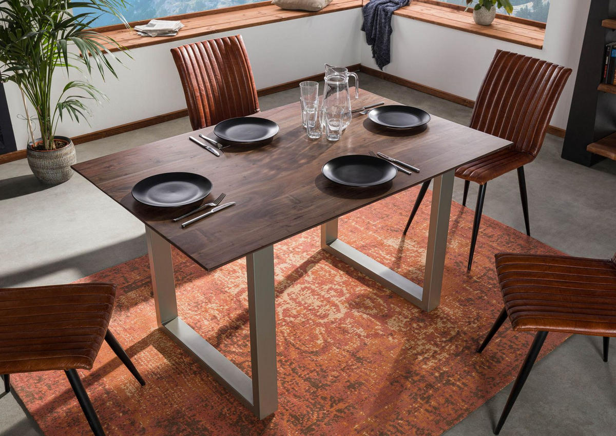 ESSTISCH Akazie 140x90 grau lackiert / U-Beine silber matt SWISS EDGE - Silberfarben/Grau, Holz (140/90/76cm) - Massivmoebel24